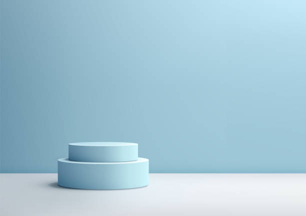 istock 3D Blue Podium on White Floor with Soft Blue Wall Background for Minimalist Product Display 2158593122