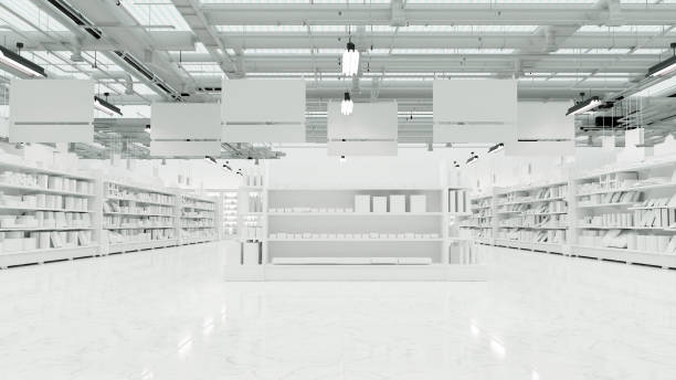istock 3D Rendering. Store interior supermarket with shelf shelves. 2158593252
