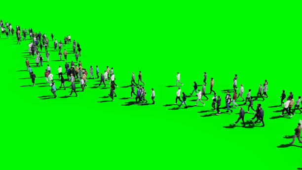 3d illustration of a crowd of people walking down the street to visualize the visual effects of the chroma key green screen