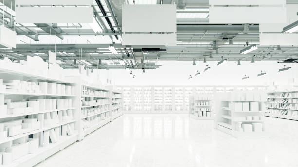 istock 3D Rendering. Store interior supermarket with shelf shelves. 2158593258