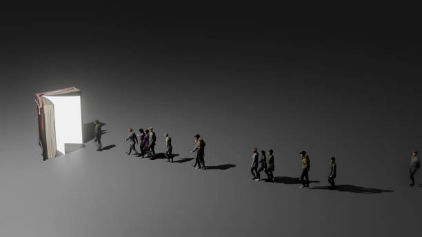 istock 3d illustration. A group of people were walking towards a big book. 2158593266