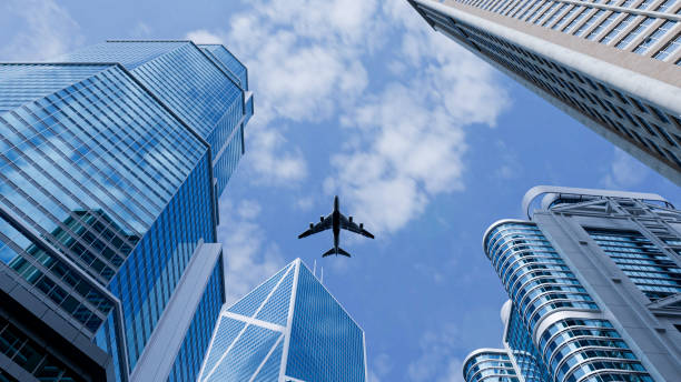 istock 3d illustration. perspective, the skyscraper is directed to the sky. blue gradient. building design 2158593277