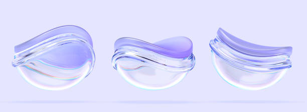 istock Glass curve wave hemisphere with dispersion effect 3d render icon set. Abstract geometric transparent circle morphism shapes with deformation, rainbow liquid plastic design elements 2158596026