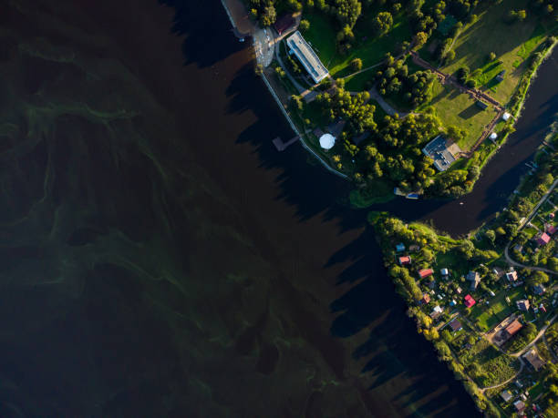 istock Aerial view, curves of river landscape. Sunrise. 2158599113