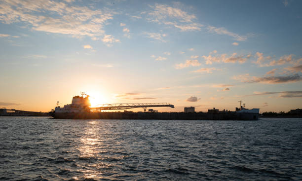 A cargo ship on the Detroit River at dusk.  Photo taken from Windsor, Ontario.