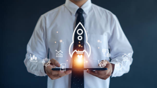 istock Entrepreneurship launch rocket start flying up and network line connection. Startup concept plan development business project digital. 2158602474