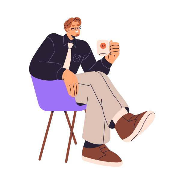 Employee, office worker sits on soft chair and drink hot beverage during coffee break. Happy person relaxes on comfortable seat with cup of tea. Flat isolated vector illustration on white background Employee, office worker sits on soft chair and drink hot beverage during coffee break. Happy person relaxes on comfortable seat with cup of tea. Flat isolated vector illustration on white background. informal business meetings stock illustrations