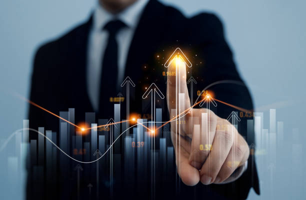 istock Businessman draw growth graph chart. Financial marketing graph grow chart.Business increase, profit, development and success. 2158607818