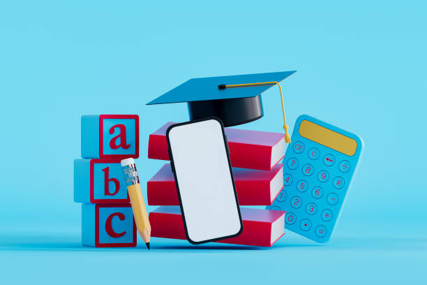 istock Graduation cap on flying stacked books with blank screen smart phone, back to school concept 2158617537