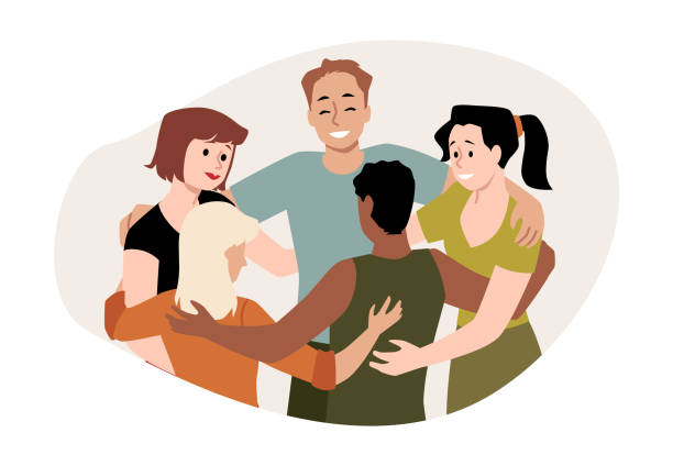 bildbanksillustrationer, clip art samt tecknat material och ikoner med a circle of diverse men and women in a group hug. close-up. - vänner
