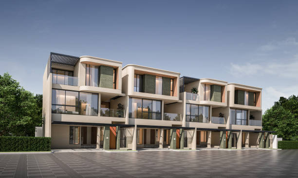 istock Modern town house exterior day light.3d rendering 2158624413