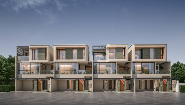 istock Modern town house exterior day light.3d rendering 2158624416