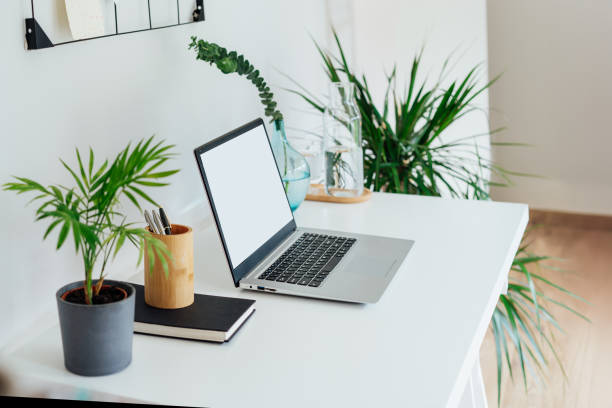 istock Modern Contemporary workplace - white desk with laptop mockup empty screen, grid mood board with pinned notes and plans, green plants, office supplies at work space in home office room interior 2158627177