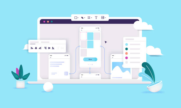 illustrazioni stock, clip art, cartoni animati e icone di tendenza di prototipo di progettazione web e app - interfaccia utente grafica