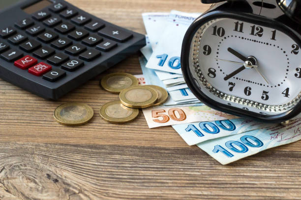 istock Turkish Lira Banknotes with alarm clock 2158643820