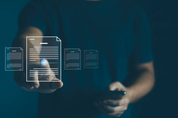 Business people are signing e-document contract on digital tablet virtual screen. Online contract sign with application, E-signing, electronic signature, document management system, paperless office.