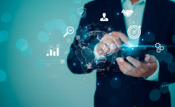 istock Business global internet connection application technology and digital marketing, Businessman using mobile smart phone, Financial and banking, Digital link tech, Media Technology Graphic Concept. 2158664718