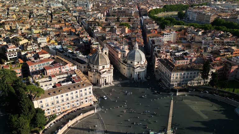Cinematic Orbiting Drone Shot Above Piazza del Popolo. Historic Rome, Italy