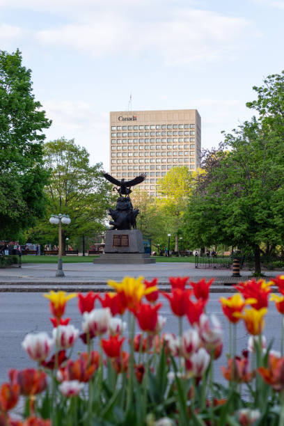 Ottawa, Canada - May 16, 2024 - National Aboriginal Veterans Monument at Confederation Park in Ottawa in spring