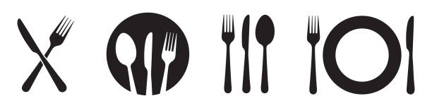 illustrations, cliparts, dessins animés et icônes de fourchette, cuillère, couteau et assiette. symbole de menu. instruments de vaisselle. icône du restaurant. ensemble d’icônes de nourriture, assiette, fourchette, couteau, cuillère, couverts. - fourchette
