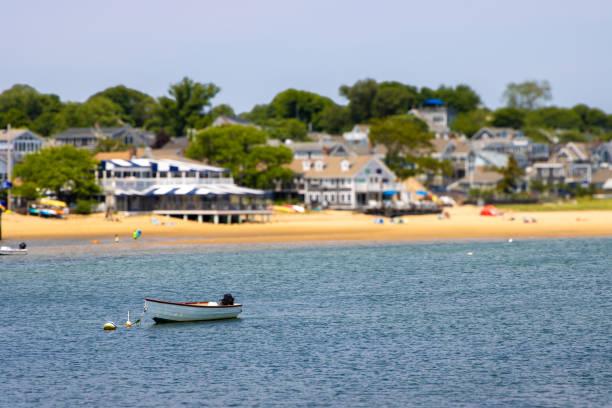 istock Small boat moored near beach tilt shift 2158672921