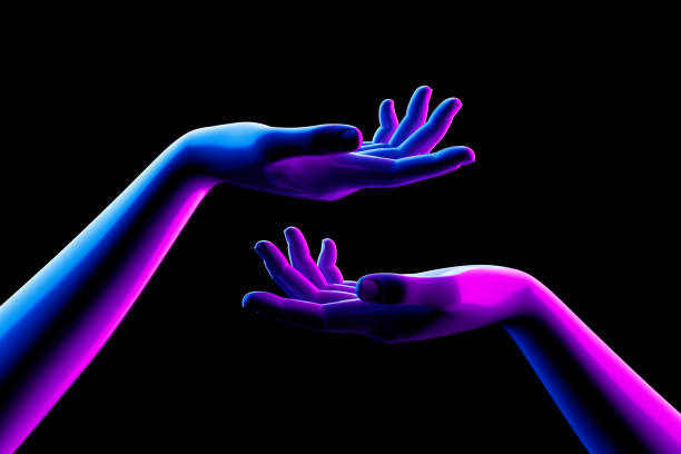 istock Hand to Hand. Abstract Mannequin Open Hands in Neon Lights. 3d Rendering 2158675222