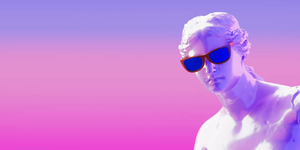 Abstract Venus Statue with Sunglasses Stands on a Pedestal in Neon Light on a pink and blue background. 3d Rendering