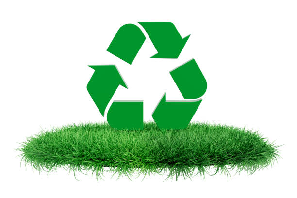 istock Green Recycle Sign on a Green Grass Podium Stage. 3d Rendering 2158675312