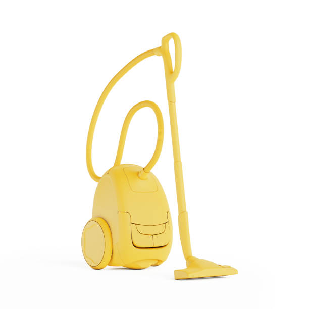 A black shop vacuum (shop vac) with attachments. On a white background with copy space.