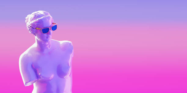 istock Abstract Venus Statue with Sunglasses Stands on a Pedestal in Neon Light. 3d Rendering 2158675319
