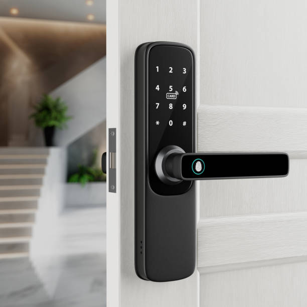 istock Inteligente Biometric Smart Door Lock with Digital Keypad. 3d Rendering 2158675328