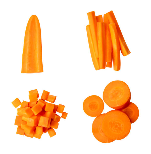 istock Top view set of orange carrot slices or pieces in stack isolated on white background with clipping path 2158676509