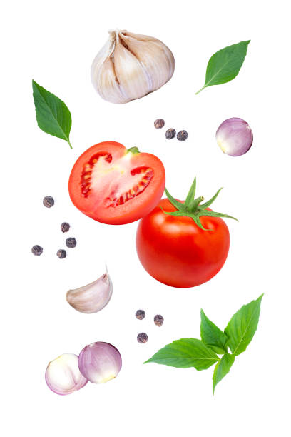 istock Tomato with basil leaves, garlic, onion and black pepper 2158677906