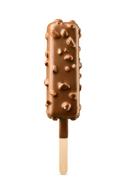 istock Delicious chocolate-covered ice cream bar with crunchy nuts in studio lighting isolated on white 2158679525