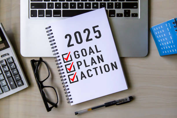 istock 2025 Goal, Plan, Action checklist text on note pad with laptop, glasses and pen. 2158684212