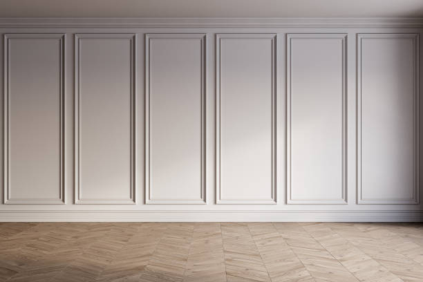 istock White empty contemporary classic interior with wood chevron floor. 3d render illustration mockup. 2158685191
