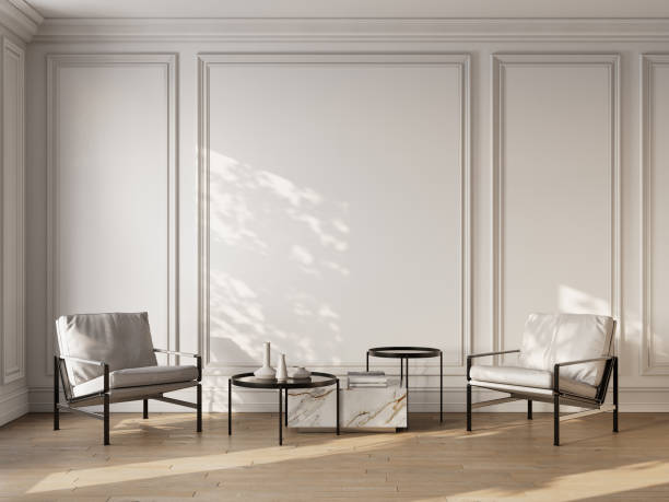istock White contemporary classic interior with armchairs, coffee tables, moldings and decor. 3d render illustration mockup. 2158685240