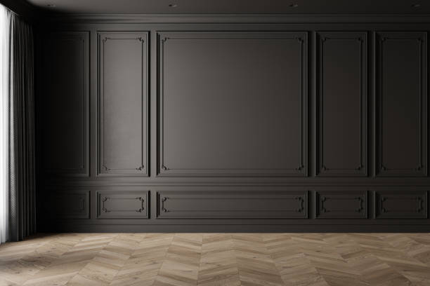 istock Classic empty black interior with moldings, chevron wood floor and curtains. 3d render illustration mockup. 2158685279