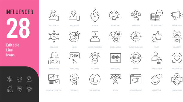 ilustrações de stock, clip art, desenhos animados e ícones de influancer editable icons set. - criação de conteúdo