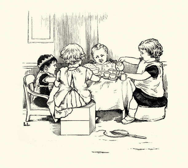 Boys and girls playing, Children's tea party, 1890s, 19th Century Vintage illustration