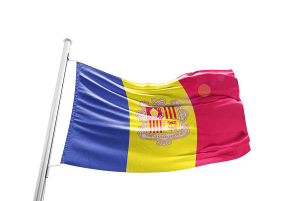 Andorra flag waving mast on white background with clipping path.