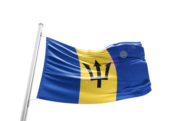 Barbados flag waving mast on white background with clipping path.