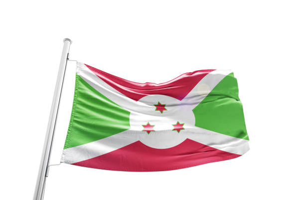The national flag of Burundi with fabric texture waving in the wind on a blue sky. 3D Illustration