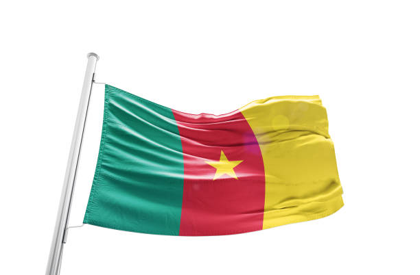 Cameroon flag waving mast on white background with clipping path.