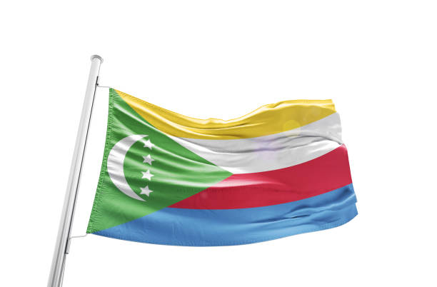 Comoros flag waving mast on white background with clipping path.