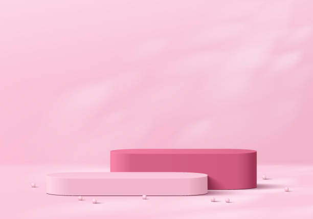 istock Realistic pink 3D round podium background with natural leaf light wall scene. Minimalist 3D mockup pedestal, Abstract product display presentation, Stage showcase. Platforms vector geometric design. 2158693795
