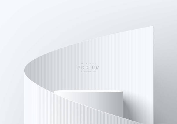 istock 3D white cylindrical podium background with white roll wrap paper wall scene. Minimalist 3D mockup pedestal, Abstract product display presentation, Stage showcase. Platforms vector geometric design. 2158694153