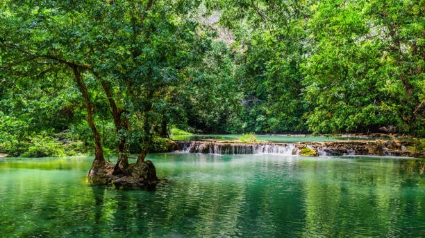 istock Natural background waterfall. Waterfall Emerald Pool, beautiful deep forest waterfall in ThailandNatural background waterfall. Waterfall Emerald Pool, beautiful deep forest waterfall in Thailand 2158694180