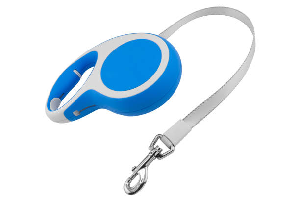 Retractable leash for dog isolated on white background. Dog retractable leash with plastic body and a metal clasp isolated.
