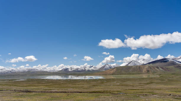 Plateau meadow and lake under blue sky and white clouds